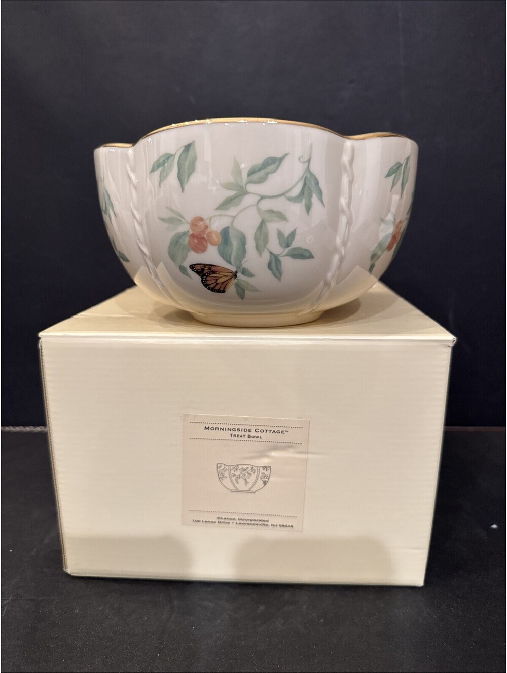 Lenox Morningside Cottage Treat Bowl Ivory China 24k Serving Floral Butterfly